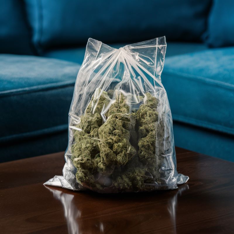 bag of marijuana on coffee table